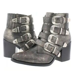 Steve‎ Madden Prairie Metallic Silver Leather Buckle Heeled Ankle Boots 6.5
